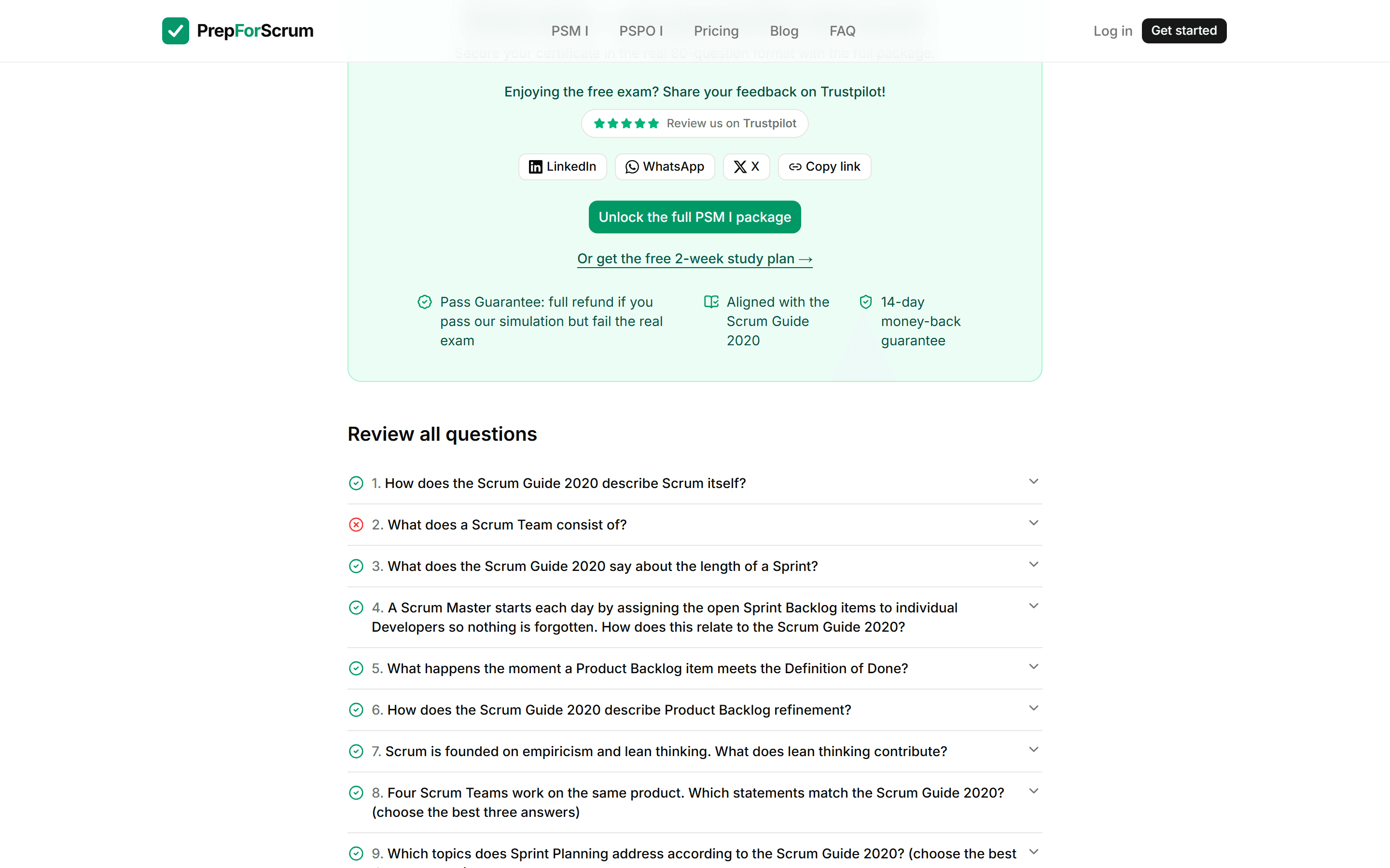 PrepForScrum review mode: every question with your answer, the correct answer and a Scrum Guide explanation
